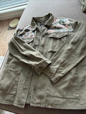 Aqua Olive Green Military Field Jacket with Sequin-Trim Shoulders